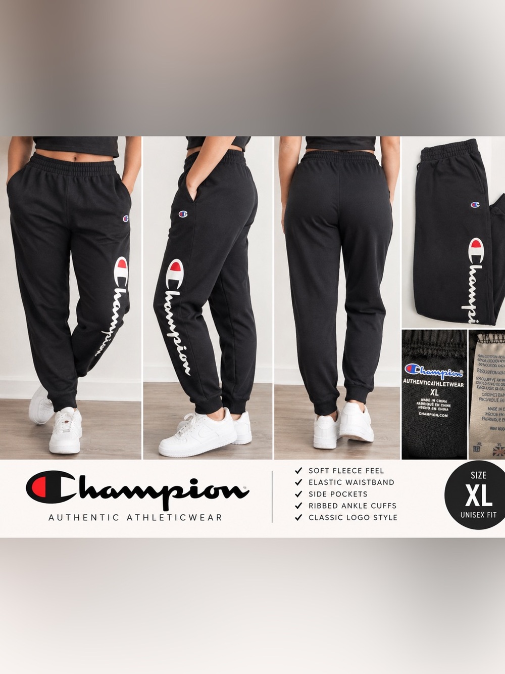 Champion Black Jogger Sweatpants with White & Red Logo